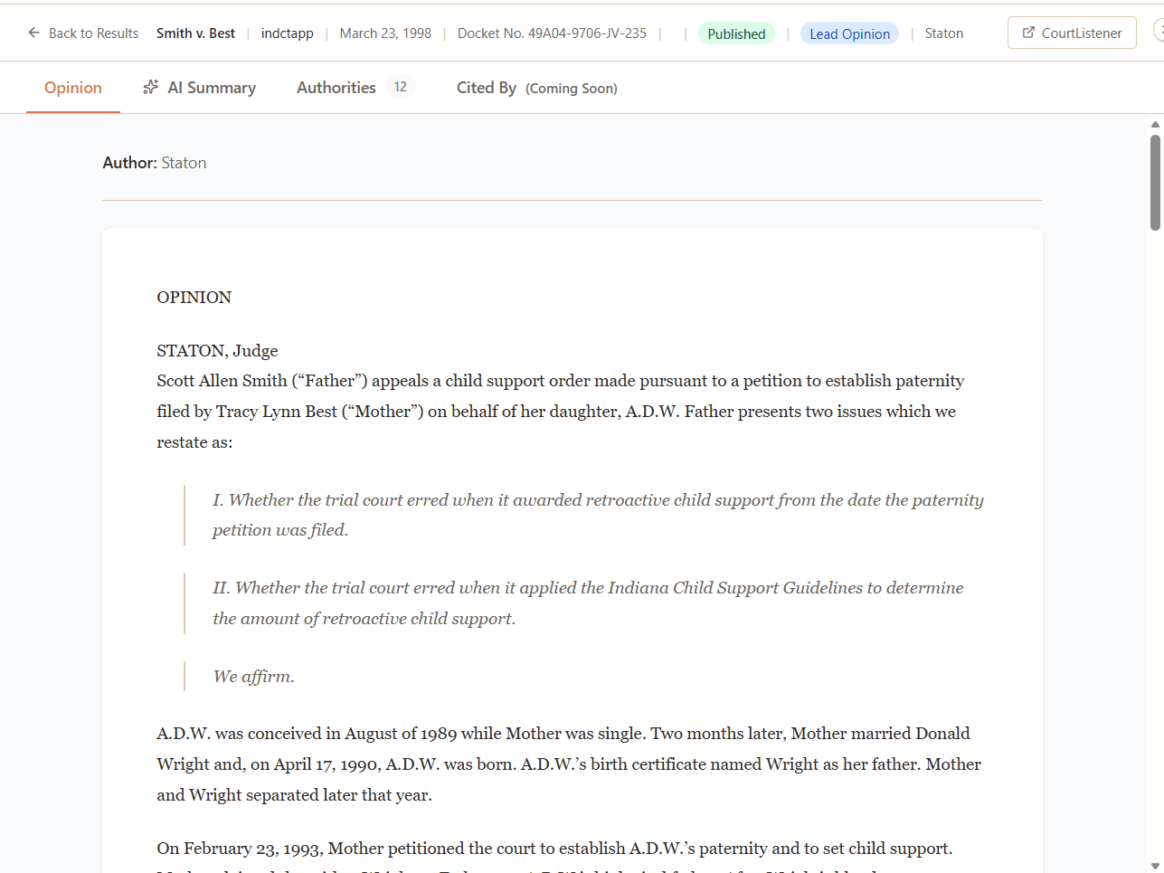 Prosei opinion viewer showing a published court opinion with AI Summary and Authorities tabs and a link to the source on CourtListener