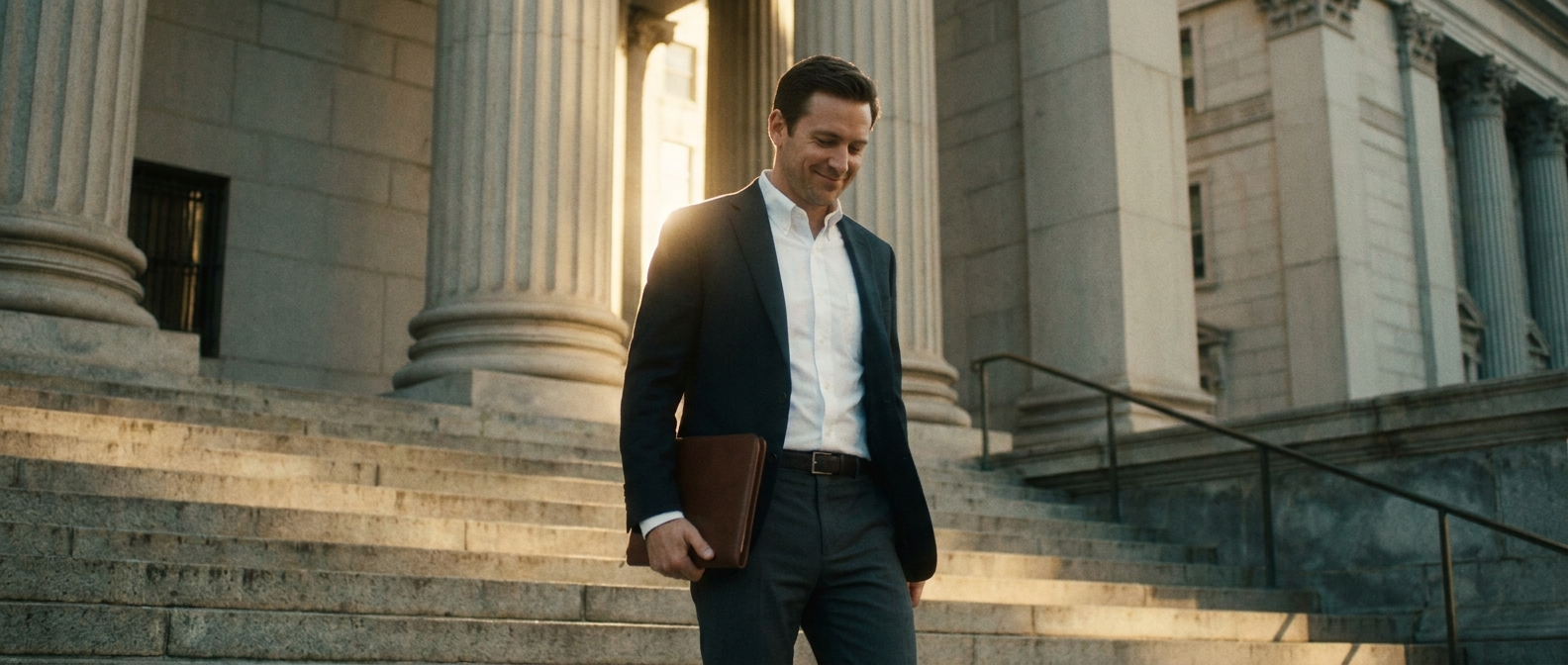 A person leaving a courthouse